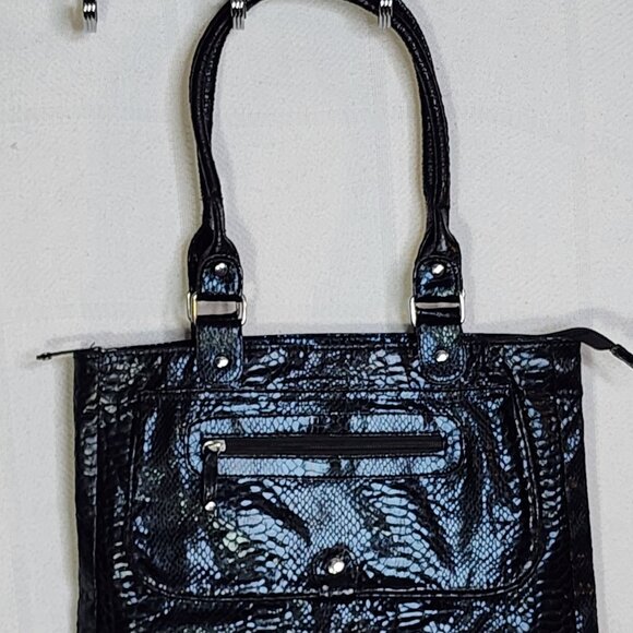 Global New Beginnings Black Faux Snake Double Snap Zip Pockets Large Tote Bag - Picture 2 of 16
